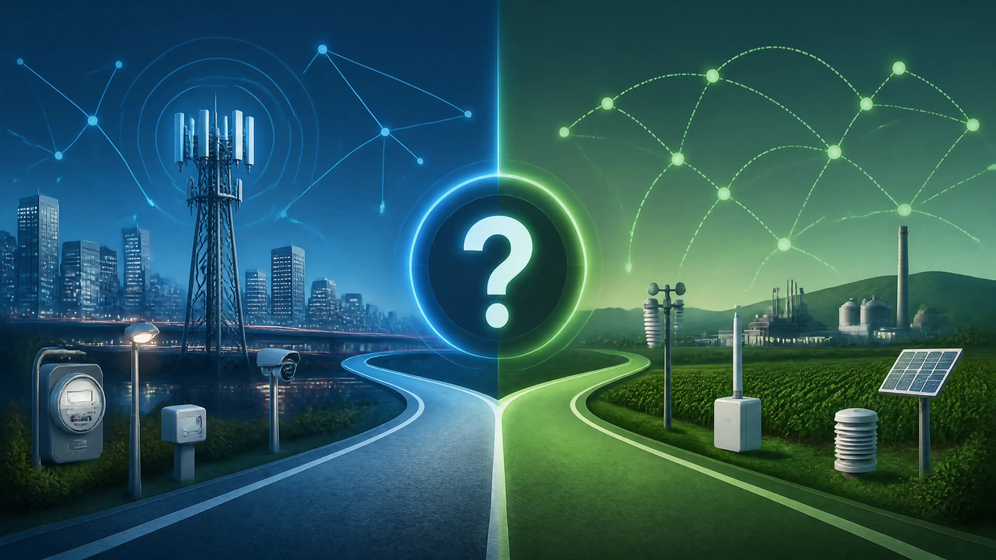 NB-IoT vs LoRaWAN comparison for enterprise IoT connectivity, low-power wide-area networks, smart sensors, and industrial IoT deployments